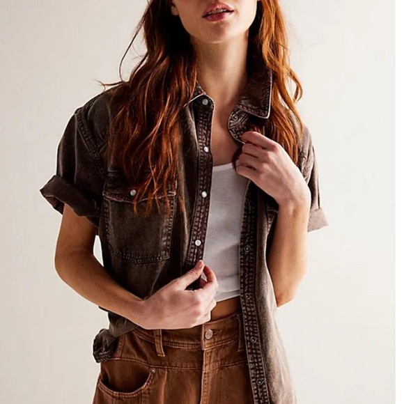 We The Free Chocolate Brown The Short Of It Denim Top Size XL - Picture 2 of 8